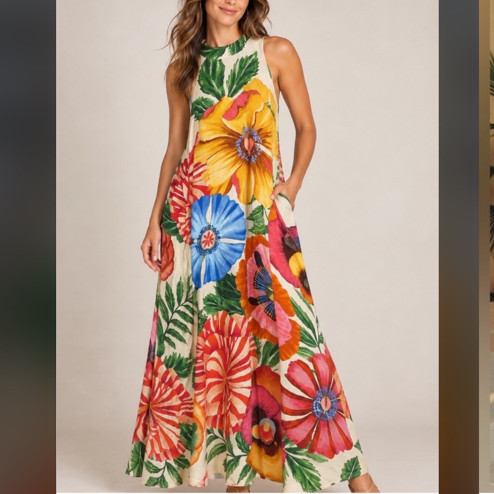 Antropologie FarmRio Halterneck Maxi Dress with Tropical Print size large